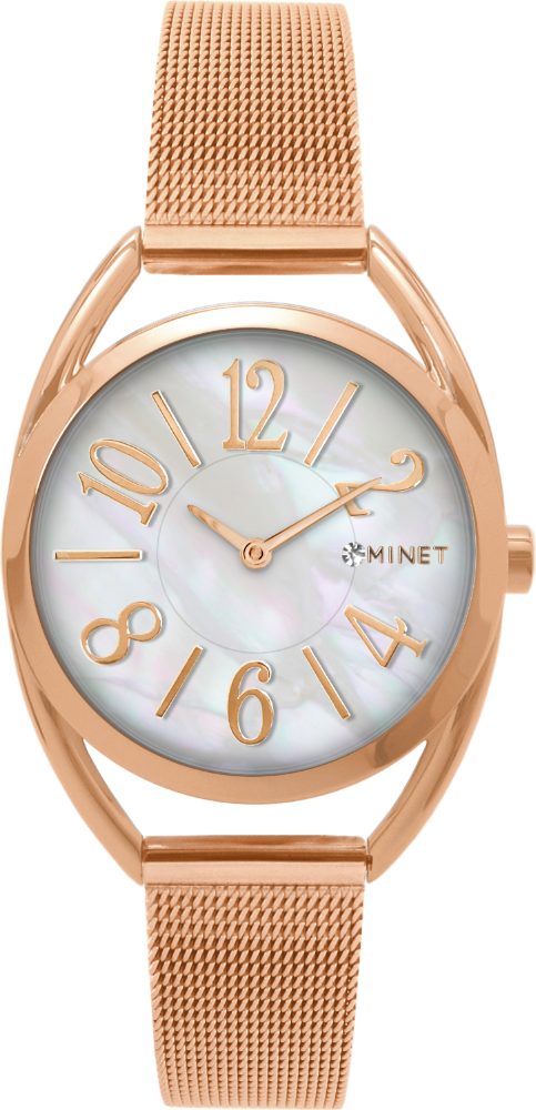 MINET Růžové dámské hodinky s čísly ICON ROSE GOLD PEARL MESH MWL5216