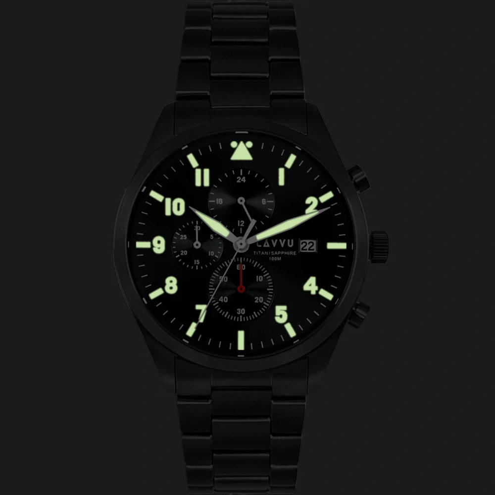 LAVVU Pánské titanové hodinky PILOT Chronograph Black 100M Sapphire LWM0292 černé